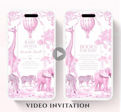 Pink Toile de jouy Safari Baby Shower Invitation, Safari Animal Baby girl Shower Digital Video Toile de Jouy Baby Shower Invite Safari-2