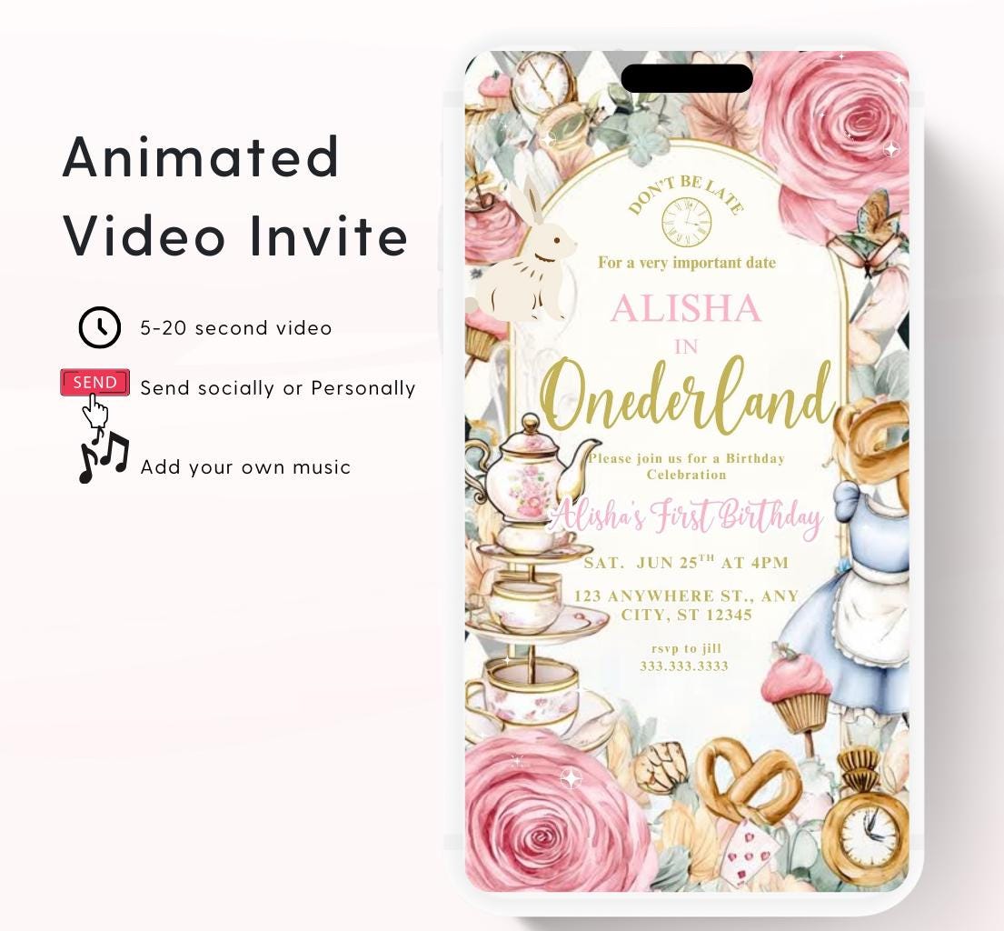 Video Wonderland birthday invitation, Alice in wonderland birthday invitation, Mad hatter first birthday, Wonderland first birthday invite-3