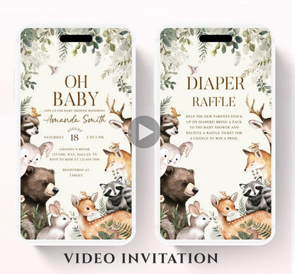 Animated Woodland Baby Shower Invitation, Boy Woodland Baby Shower Invite, Woodland Animals Baby Shower, Greenery Boho invitation Woodland-4