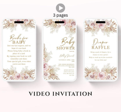 Boho Baby Shower Invitation, Boho Floral Baby Shower, Baby Girl Baby Shower Invite, pampas Invitation, Boho Baby Invitation Animated-1