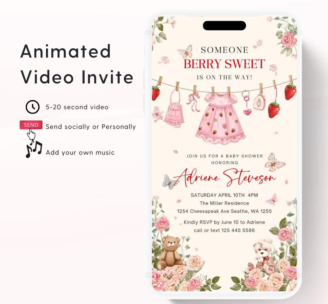 Animated Berry Baby Shower Invitation , Berry Sweet Invite Baby Shower Strawberries berries Minimal Girl Baby Shower Blush Pink Strawberry-3