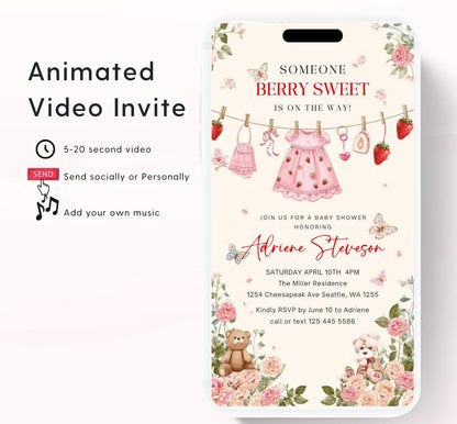 Animated Berry Baby Shower Invitation , Berry Sweet Invite Baby Shower Strawberries berries Minimal Girl Baby Shower Blush Pink Strawberry-3