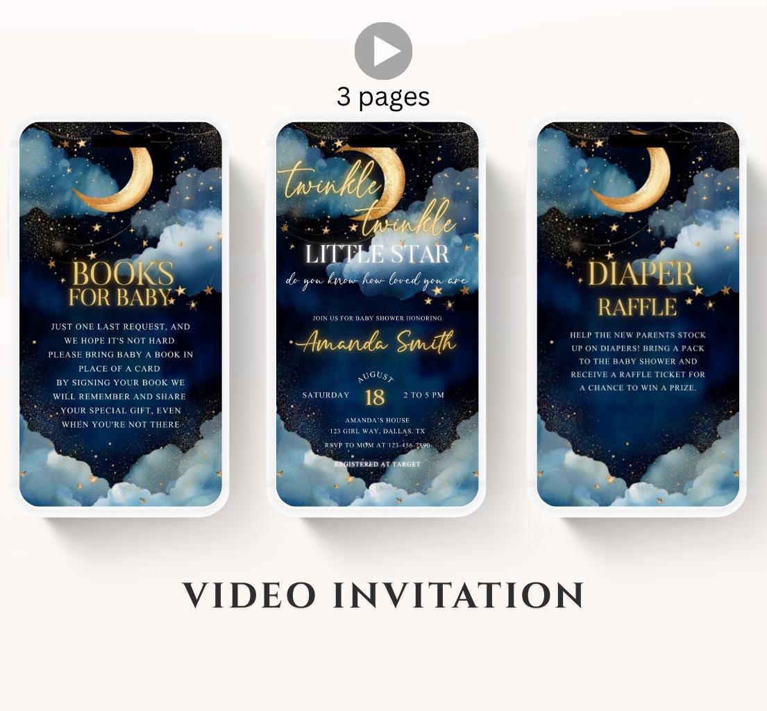 Twinkle little star baby shower invitation, Blue Twinkle Twinkle Little Star Baby Shower Invitation, Moon and Stars Baby Shower, Video-2