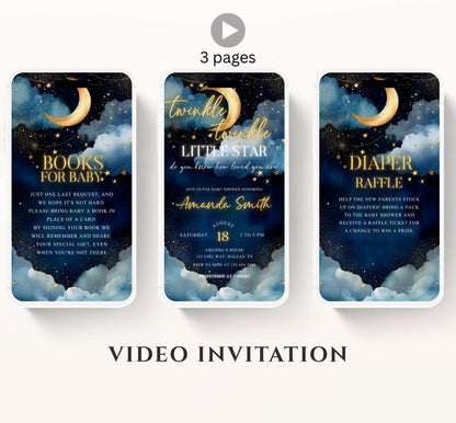 Twinkle little star baby shower invitation, Blue Twinkle Twinkle Little Star Baby Shower Invitation, Moon and Stars Baby Shower, Video-2