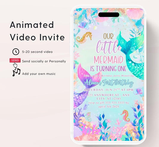 Mermaid Birthday Invitation, Mermaid Invite, Under the Sea Birthday Party, Glitter Birthday, Pink Birthday, Mermaid Party Video invitation-1