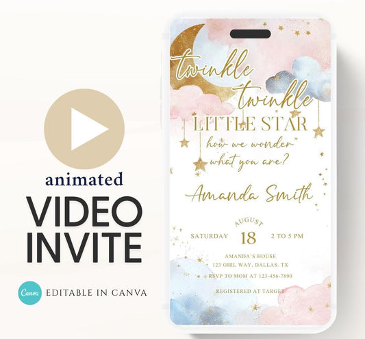 Twinkle Twinkle Little Star Gender Reveal Invitation, Pink and Blue Moon Stars Clouds Invitation, He Or She, Boy Or Girl Video Invite-2
