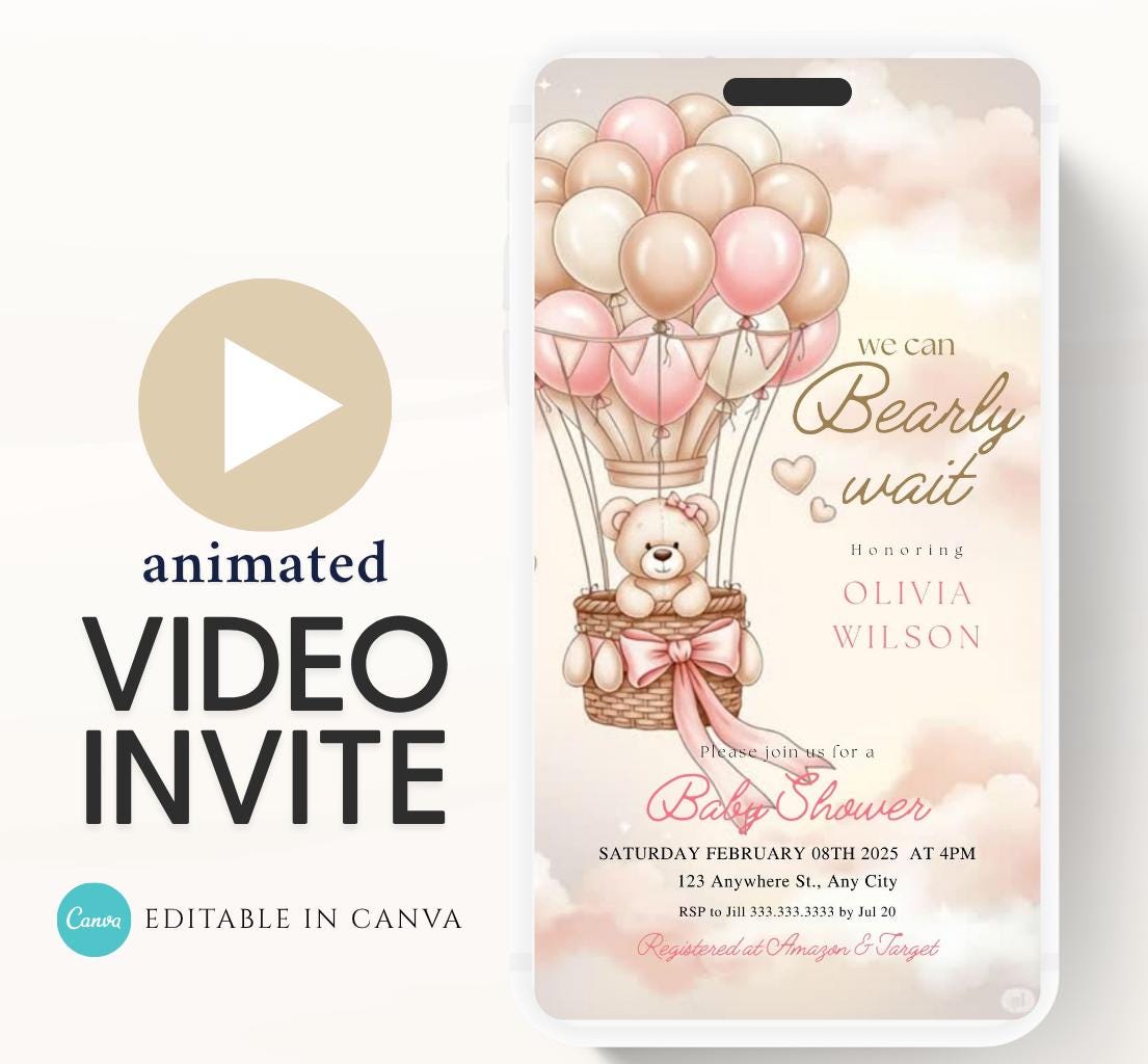 Teddy Bear Baby Shower Invitation We Can Bearly Wait Invite hot air balloon Teddy Bear Template girl Animated balloon teddy bear video- 7
