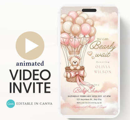 Teddy Bear Baby Shower Invitation We Can Bearly Wait Invite hot air balloon Teddy Bear Template girl Animated balloon teddy bear video- 7