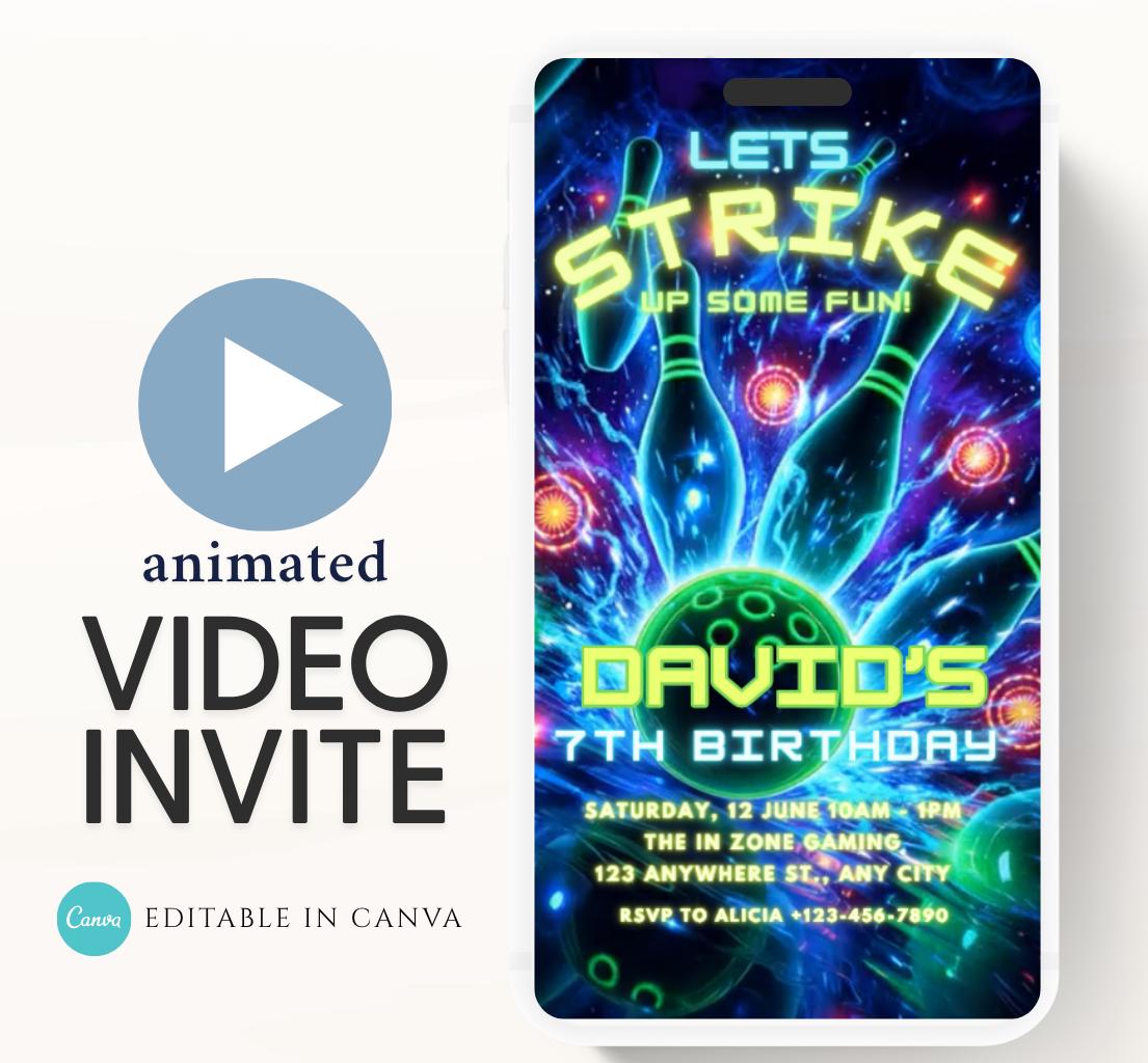 Video Bowling Birthday Invitation, Glow Bowling Invitation, Neon Bowling Party, Boy Bowling Invite, Glow Invite, Strike Up Some Fun-2