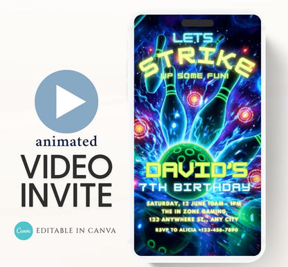 Video Bowling Birthday Invitation, Glow Bowling Invitation, Neon Bowling Party, Boy Bowling Invite, Glow Invite, Strike Up Some Fun-2