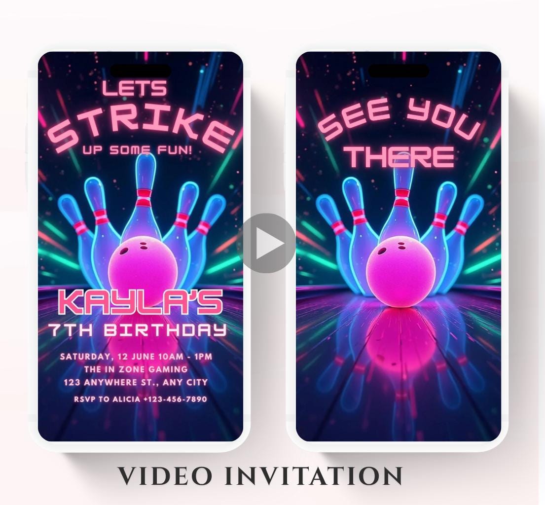 Video Bowling Birthday Invitation, Glow Bowling Invitation, Neon Bowling Party, Boy Bowling Invite, Glow Invite, Strike Up Some Fun-3
