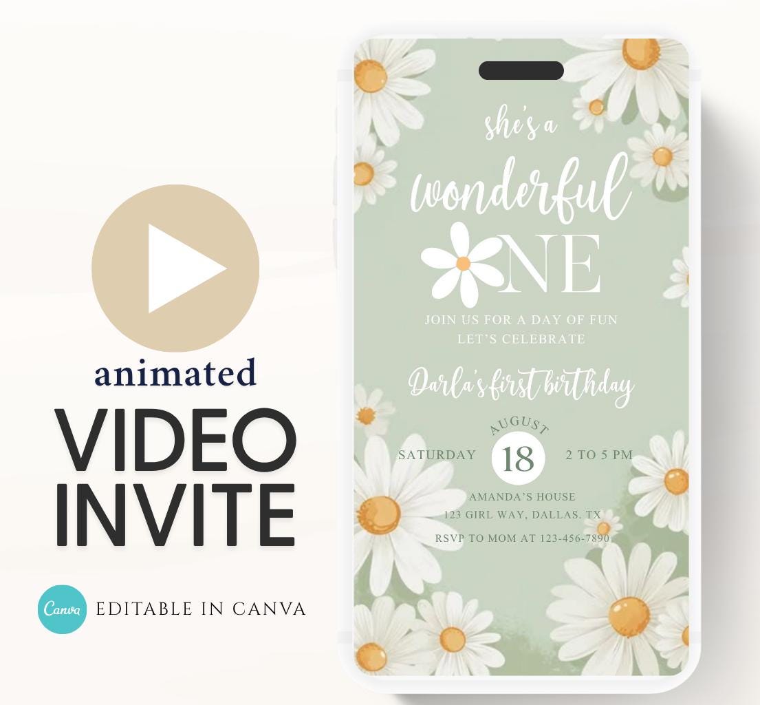 Daisy Birthday Invitation, Daisy 1st Birthday Invite, 1st Birthday Girl, Boho Daisy Invitation, Green Daisies video invite-1