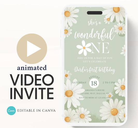 Daisy Birthday Invitation, Daisy 1st Birthday Invite, 1st Birthday Girl, Boho Daisy Invitation, Green Daisies video invite-1