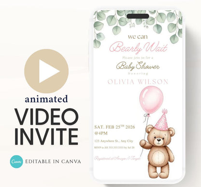 Teddy Bear Baby Shower Invitation We Can Bearly Wait Invite balloon Teddy Bear Template girl Animated balloon teddy bear video- 5
