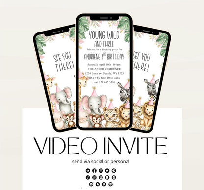 Young Wild and Three, 3rd Birthday Invite, Girl Safari Jungle Animal Birthday Invitation, Any age Jungle safari birthday Video invite-1