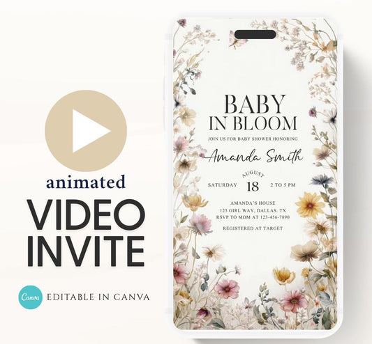 Boho Baby Shower Invitation, Boho Floral Baby Shower, Baby in bloom Baby Shower Invite, pampas Invitation, Boho Baby Invitation Animated-4