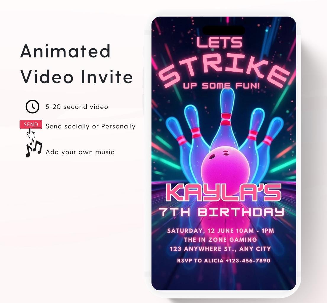 Video Bowling Birthday Invitation, Glow Bowling Invitation, Neon Bowling Party, Boy Bowling Invite, Glow Invite, Strike Up Some Fun-3