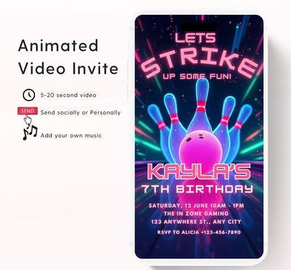 Video Bowling Birthday Invitation, Glow Bowling Invitation, Neon Bowling Party, Boy Bowling Invite, Glow Invite, Strike Up Some Fun-3