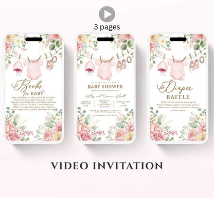 Boho Girl Clothesline Baby Shower Invitation, Boho Baby Clothes, Editable Instant Digital Animated Video invitation-1