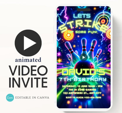 Video Bowling Birthday Invitation, Glow Bowling Invitation, Neon Bowling Party, Boy Bowling Invite, Glow Invite, Strike Up Some Fun-1