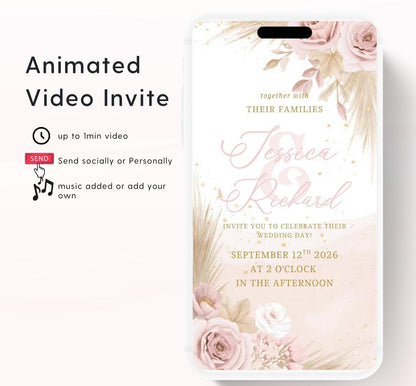 Pink and blush boho florals Wedding invitation, Wedding  invitation, wedding invitation template, Video Wedding invite, wedding invite-12
