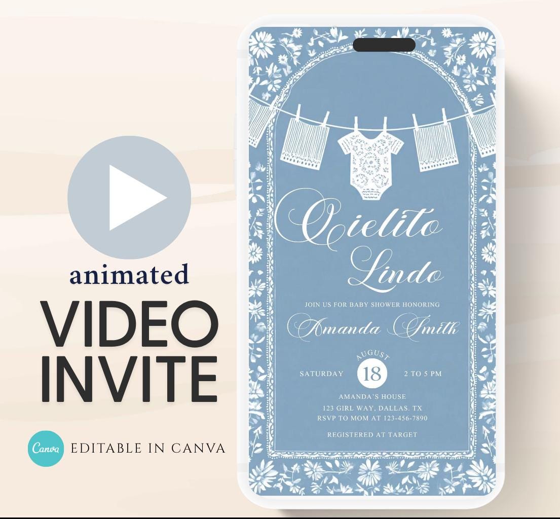 Video Cielito Lindo Baby Shower Invitation, Mexican Baby shower Editable Talavera Theme Papel Picado Invite. Dusty Blue template-1