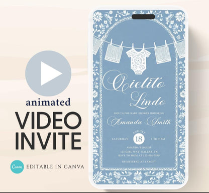 Video Cielito Lindo Baby Shower Invitation, Mexican Baby shower Editable Talavera Theme Papel Picado Invite. Dusty Blue template-1