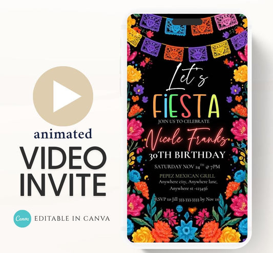 Lets Fiesta Invitation Taco invite, Digital Mexican Theme Birthday Party Invite Latin Celebration Let's Fiesta Cumpleaños Video invitation-3