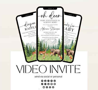 Animated Woodland Baby Shower Invitation, Boy Deer Baby Shower Invite, Woodland Animals Baby Shower, Greenery Boho invitation Woodland-5