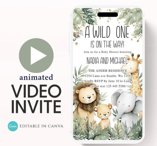 Safari Baby Shower Invitation, A little Wild One is on the Way Invite, Jungle Baby Shower Invitation, Zoo Animal Animated -1