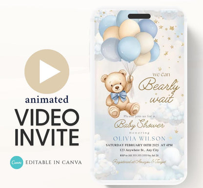 Video We Can Bearly Wait Baby Shower Invitation Teddy Bear Balloon Bear Theme Invites, Baby shower teddy bear invite animated-1