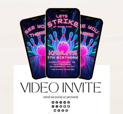 Video Bowling Birthday Invitation, Glow Bowling Invitation, Neon Bowling Party, Boy Bowling Invite, Glow Invite, Strike Up Some Fun-3