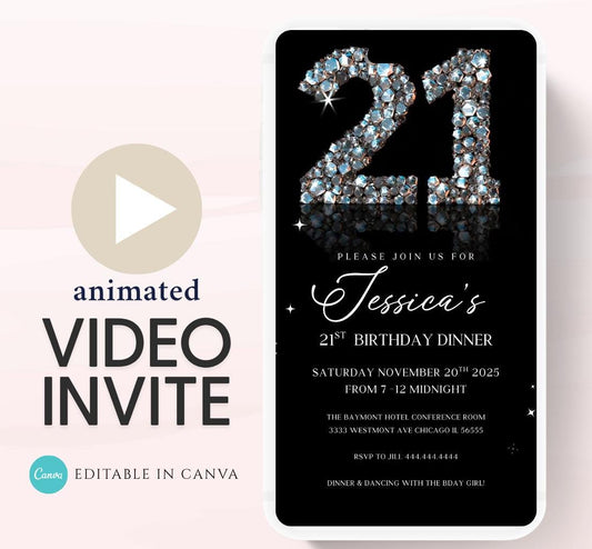Animated 21st Evite Birthday for Adult Invite, Modern 21st Birthday Invite, Digital Animated Diamond Digital 21st Birthday-1