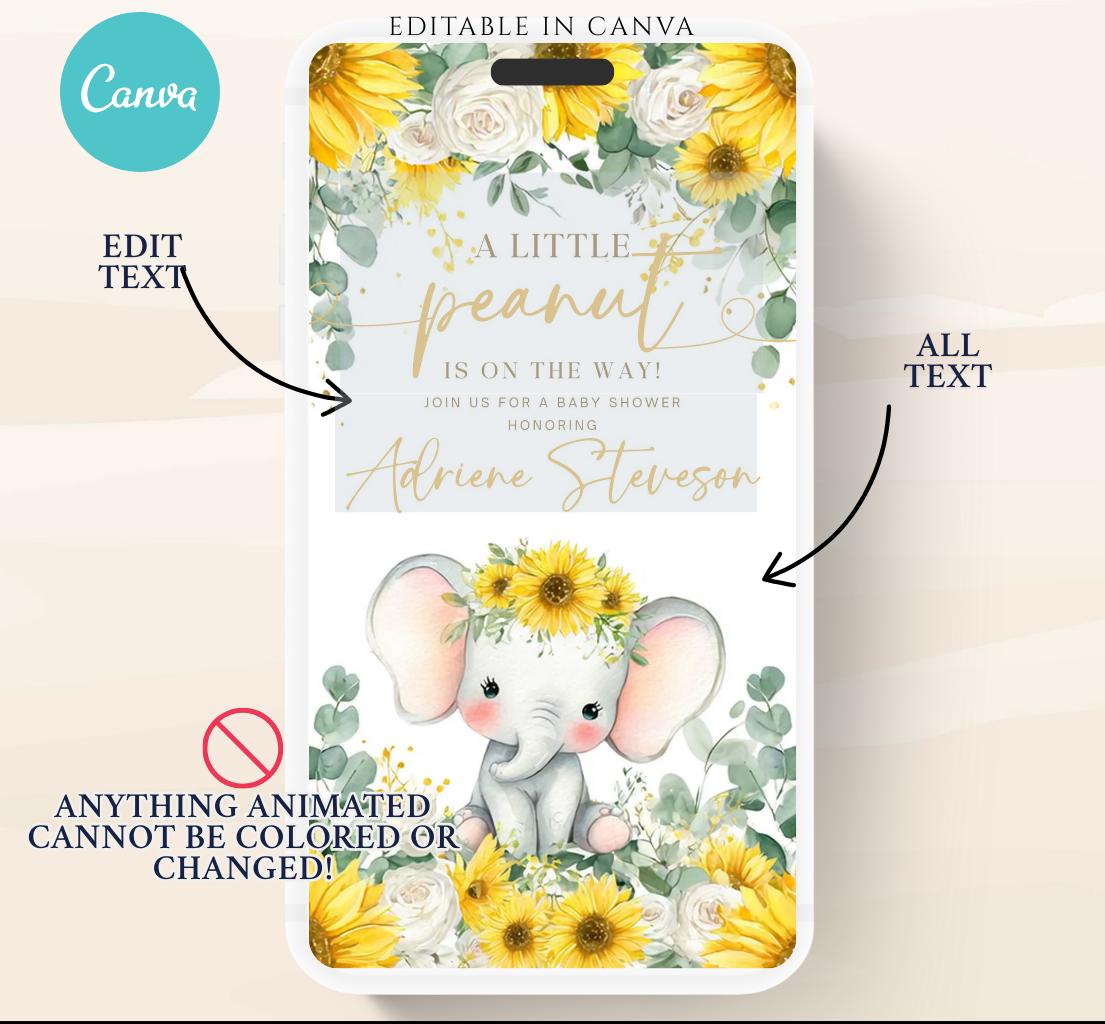 Video Sunflower Elephant Baby Shower Invitation, Summer Watercolor Floral sunflower baby shower invitaiton, Elephant baby invite-1