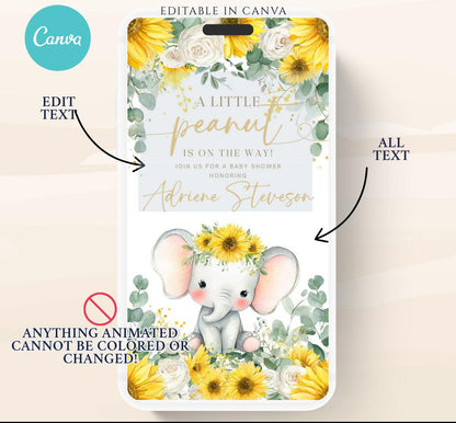 Video Sunflower Elephant Baby Shower Invitation, Summer Watercolor Floral sunflower baby shower invitaiton, Elephant baby invite-1