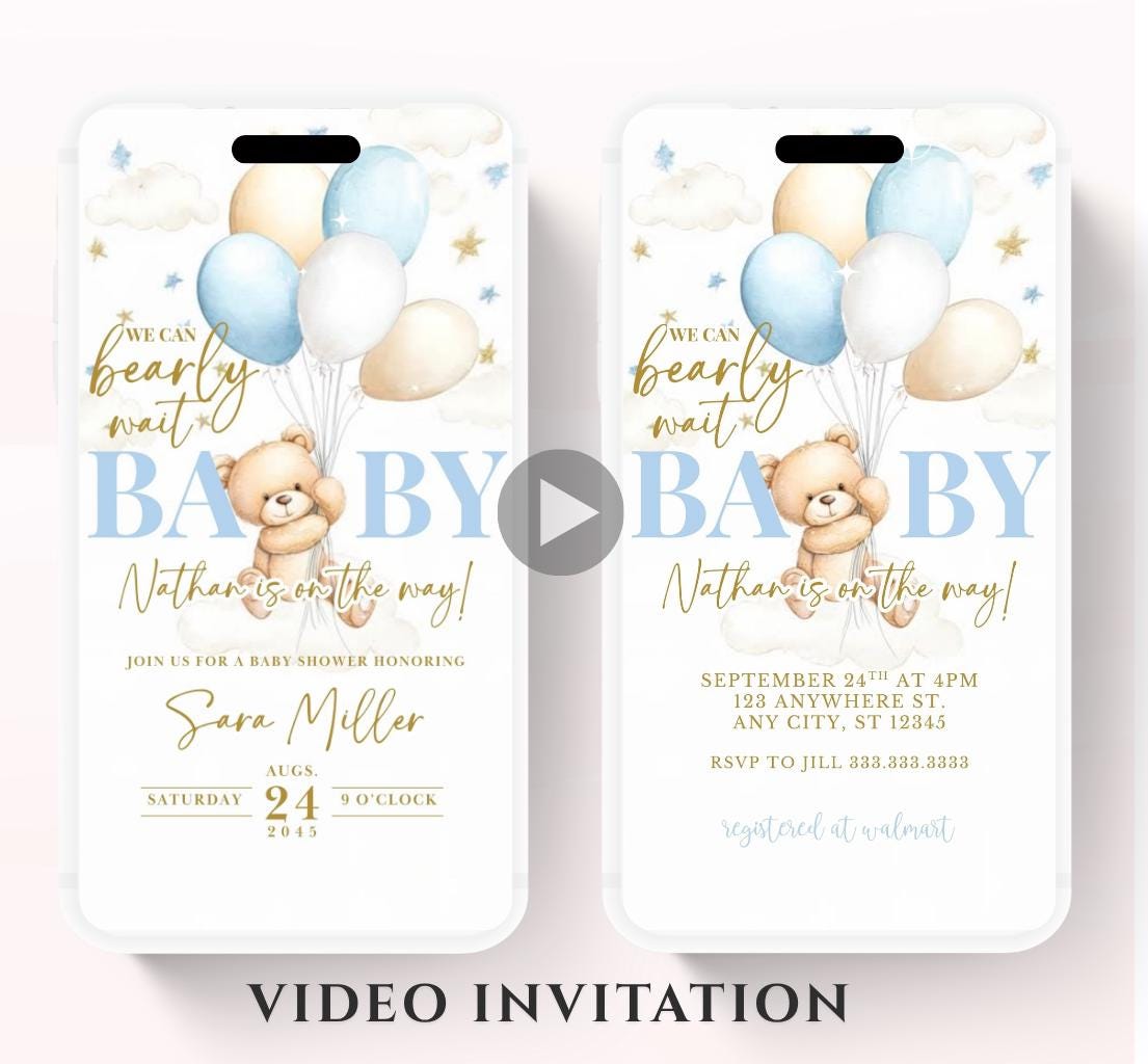 Video We Can Bearly Wait Baby Shower Invitation Teddy Bear Balloon Bear Theme Invites, Baby shower teddy bear invite animated-5
