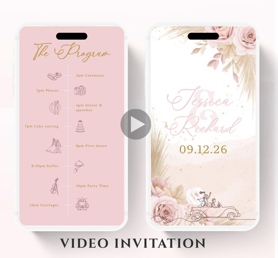 Pink and blush boho florals Wedding invitation, Wedding  invitation, wedding invitation template, Video Wedding invite, wedding invite-12