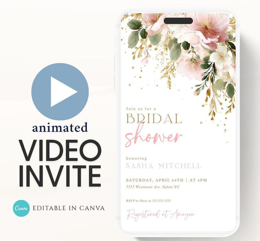 Blush Pink Bridal Shower Invitation, Video Bloom Pink Bridal Shower Invite, Editable Canva Floral Bridal Shower-1
