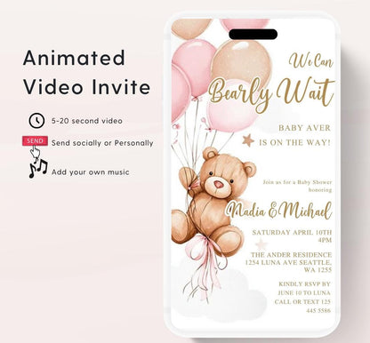 Teddy Bear Baby Shower Invitation We Can Bearly Wait Invite balloon Teddy Bear Template girl Animated video- 3