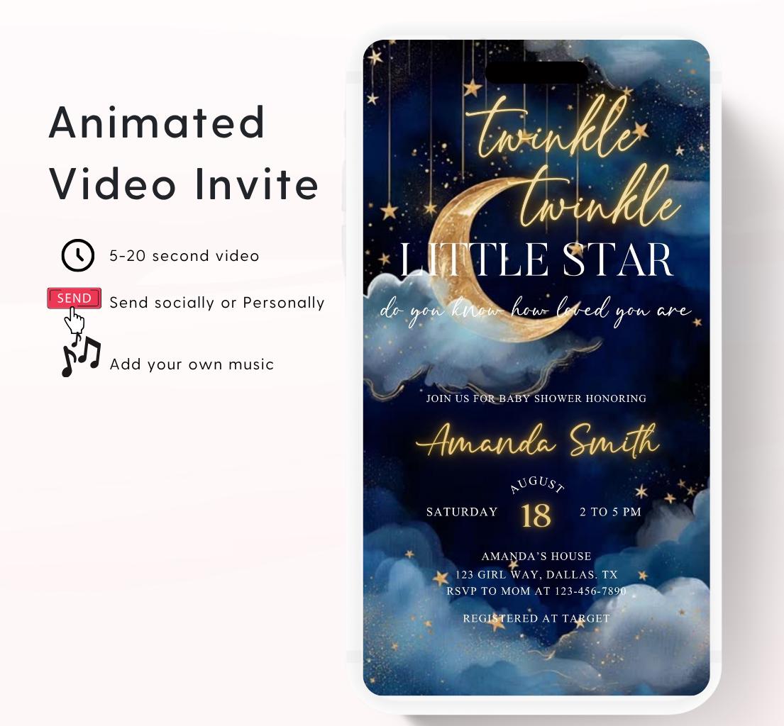 Twinkle little star baby shower invitation, Blue Twinkle Twinkle Little Star Baby Shower Invitation, Moon and Stars Baby Shower, Video-1