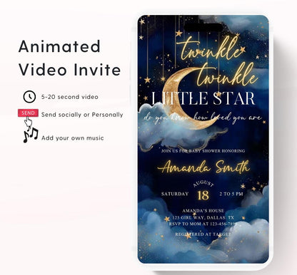 Twinkle little star baby shower invitation, Blue Twinkle Twinkle Little Star Baby Shower Invitation, Moon and Stars Baby Shower, Video-1