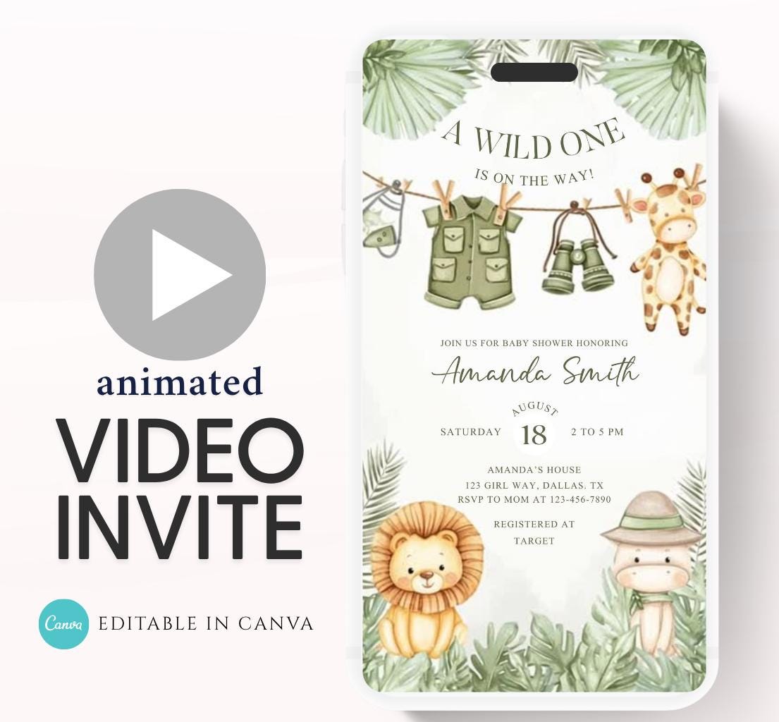 Safari Baby Shower Invitation, A little Wild One is on the Way Invite, Jungle Baby Shower Invitation, Zoo Animal Animated-4