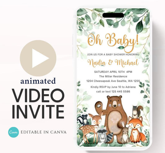 Animated Woodland Baby Shower Invitation, Boy Woodland Baby Shower Invite, Woodland Animals Baby Shower, Greenery Woodland-1