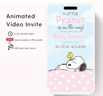 Snoopy Baby Shower Invitation, Peanuts Baby Shower Invitation, Baby Girl Shower Invitation, Our Little Peanut, Video invite,-2