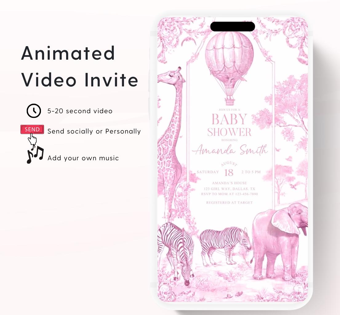 Pink Toile de jouy Safari Baby Shower Invitation, Safari Animal Baby girl Shower Digital Video Toile de Jouy Baby Shower Invite Safari-2