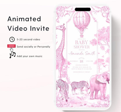 Pink Toile de jouy Safari Baby Shower Invitation, Safari Animal Baby girl Shower Digital Video Toile de Jouy Baby Shower Invite Safari-2