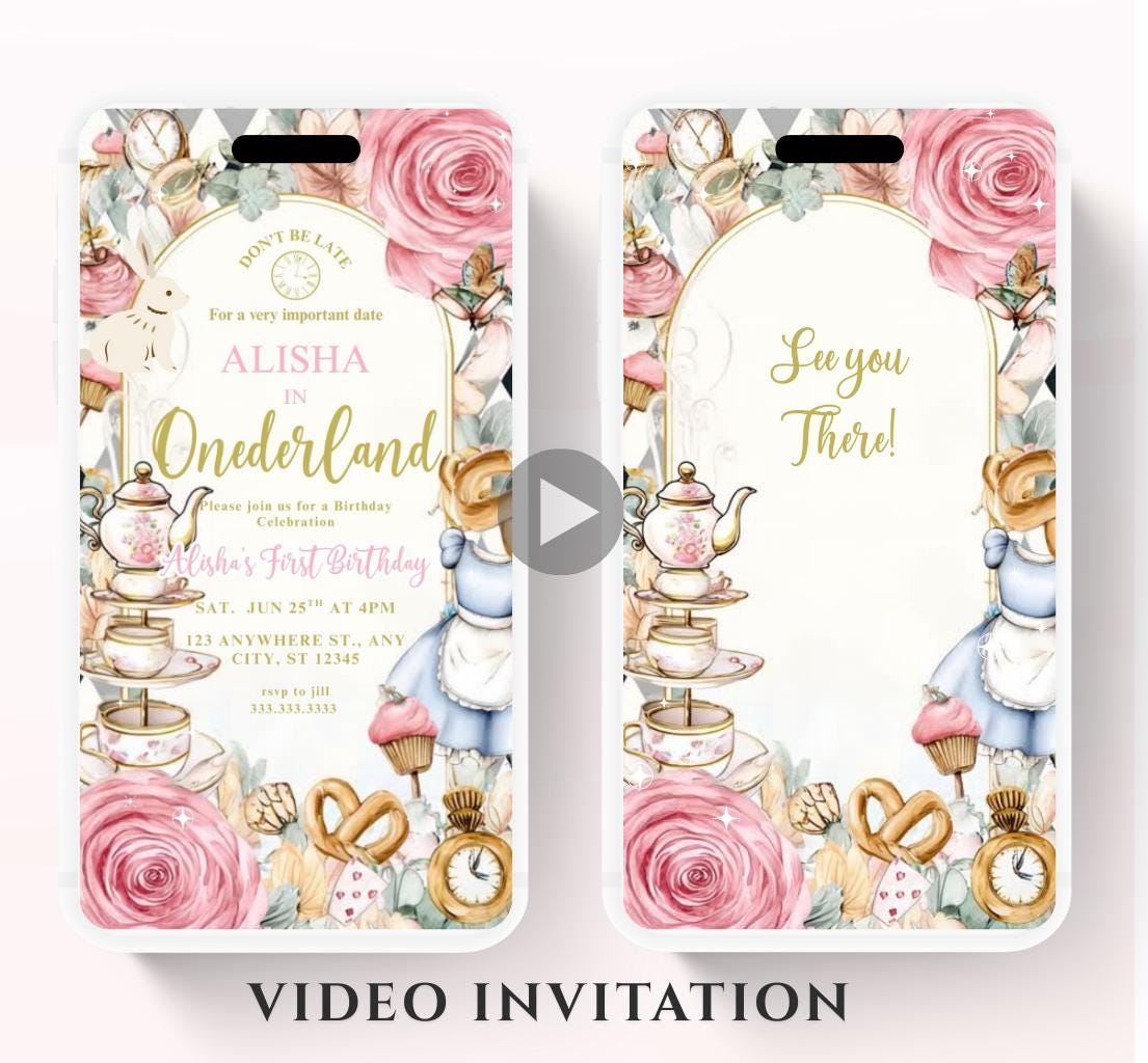 Video Wonderland birthday invitation, Alice in wonderland birthday invitation, Mad hatter first birthday, Wonderland first birthday invite-3