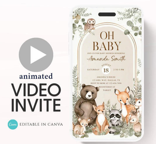 Animated Woodland Baby Shower Invitation, Boy Woodland Baby Shower Invite, Woodland Animals Baby Shower, Greenery Boho invitation Woodland-3
