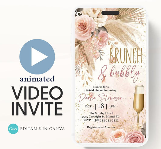 Brunch and Bubbly Bridal Shower Invitation Video, Champagne Shower Invite, Boho pink Bridal Shower Invitation, Brunch Invite-1