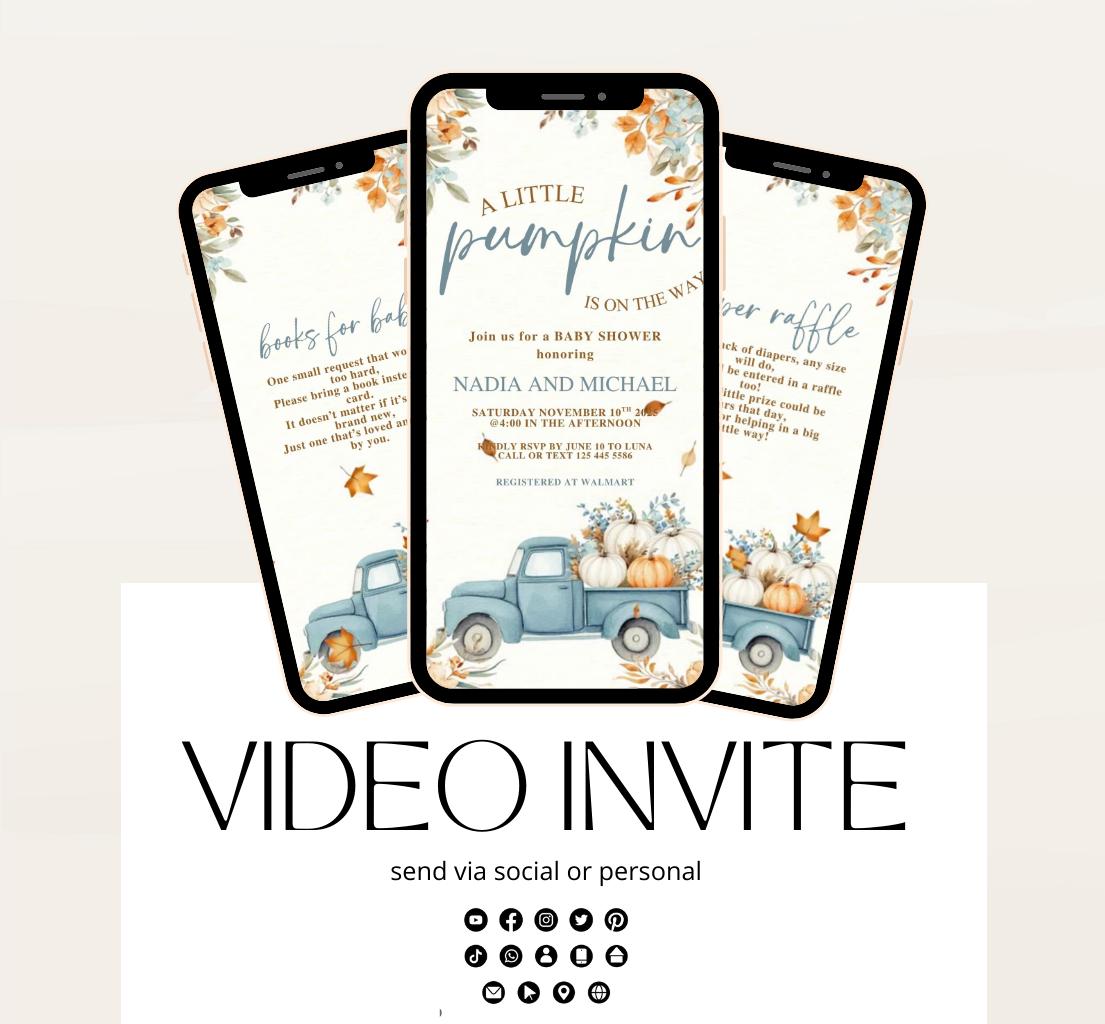 Video Fall Baby Shower Invitation Little Pumpkin Baby Shower Invitation Autumn Baby Shower Fall Hello Baby Shower pumpkin truck -6